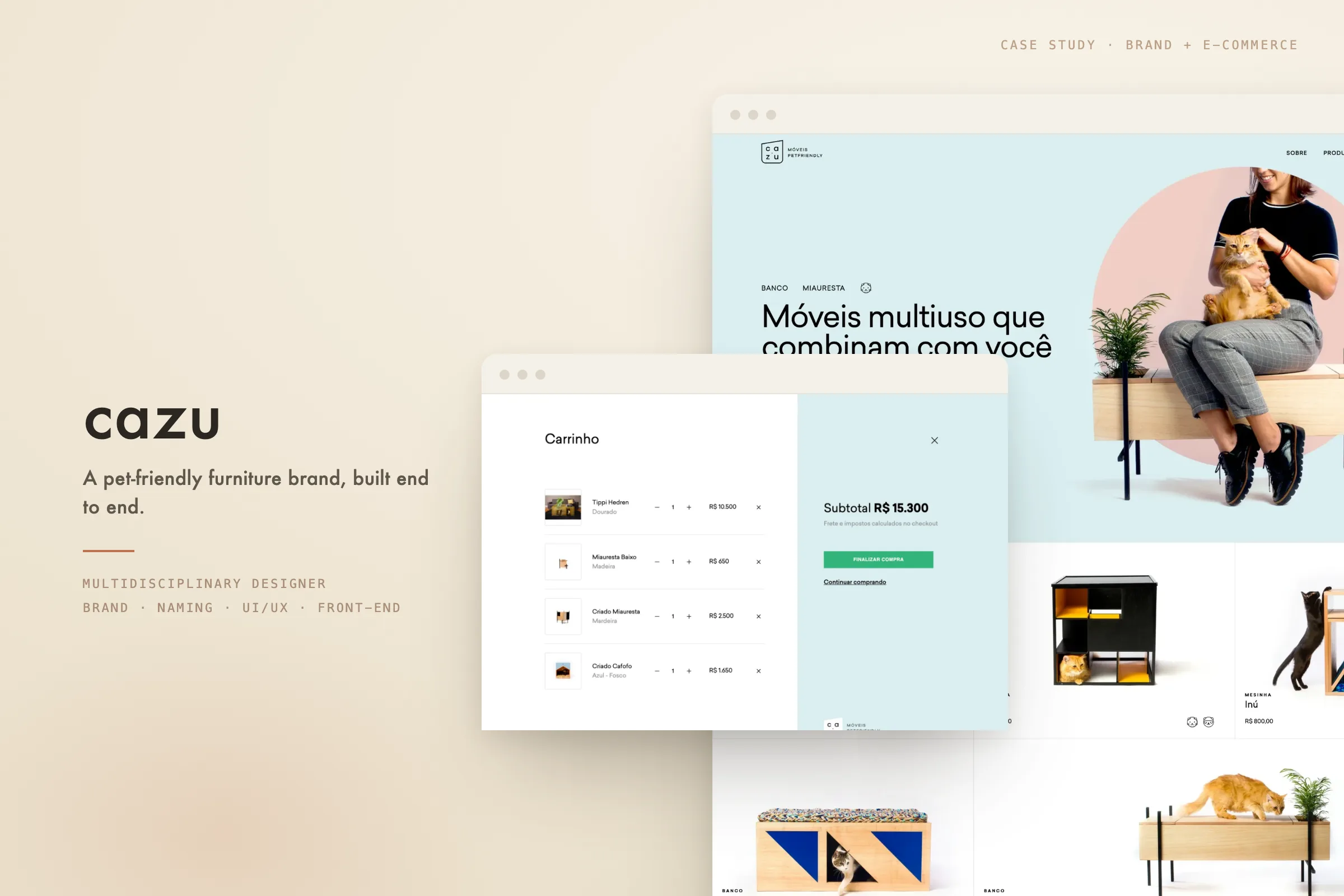 Type cover — 'a digital store for pet lovers, and their furry friends' over a photo of the Cazu furniture with a dog resting inside it.